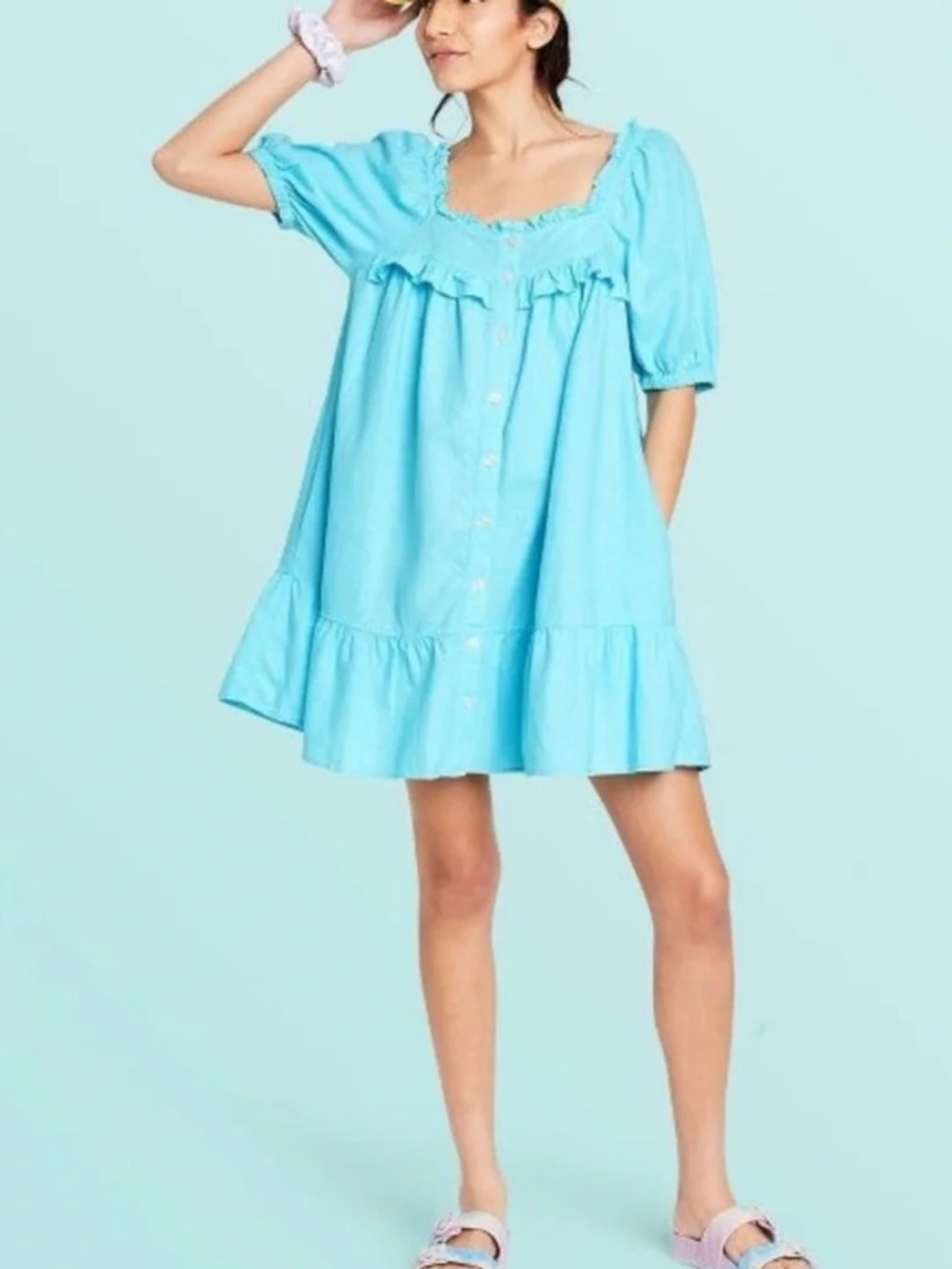 Stoney Clover Lane x Target Blue Button Front Ruffle Mini Dress in size L